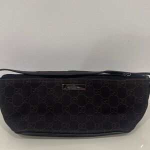 Gucci Brown Monogram Canvas Clutch with Metal Logo Plate